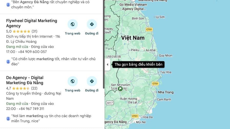 Giao diện kết quả tìm kiếm marketing agency Đà Nẵng trên Google Maps