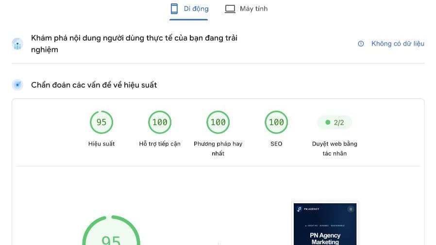 Giao diện PageSpeed Insights với kết quả kiểm tra hiệu suất trên thiết bị di động