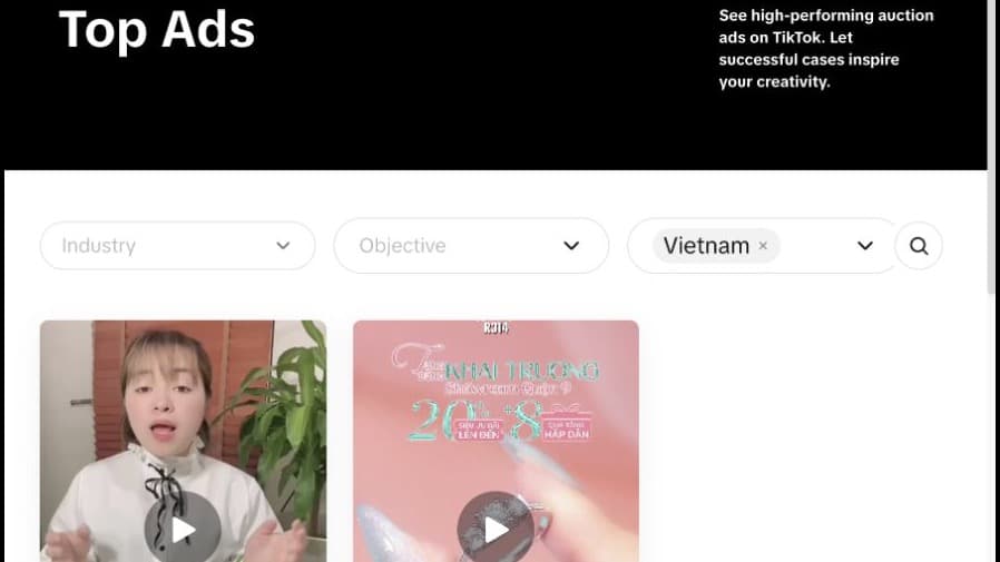 Giao diện Top Ads tại Việt Nam trên TikTok Creative Center